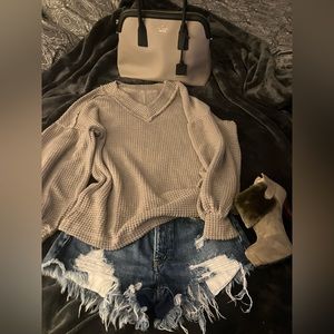 Waffle knit pullover sweater light khaki-S